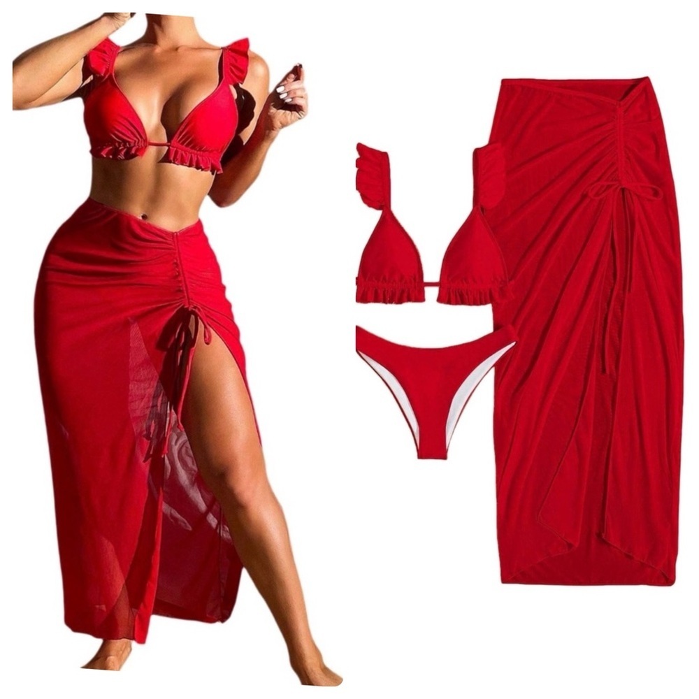 3pc Red Ruffle Top Lettuce Trim Bikini Set with Drawstring Skirt Cover Up